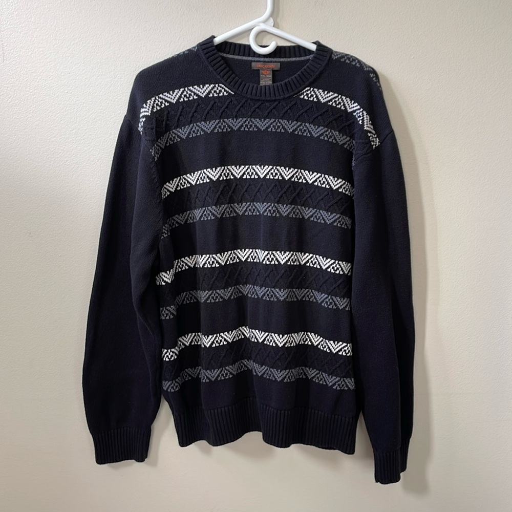Cotton Sweater Black, w/White and Grey Strips, Sz XXL